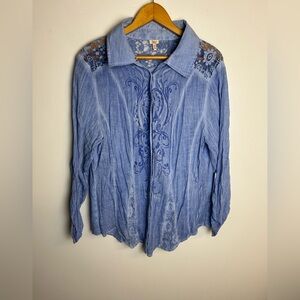 Reba Blue Embroidered Blouse with Lace Accents